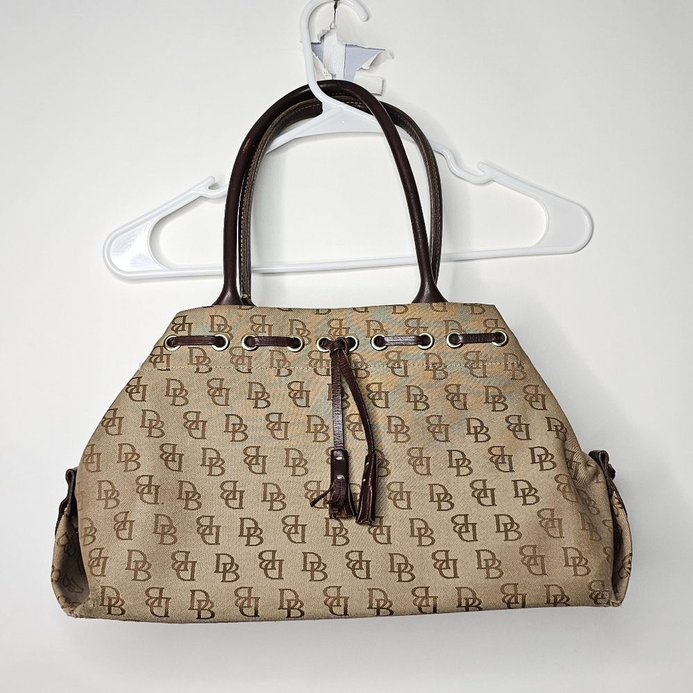 Vintage Dooney & Bourke Brown Logo Canvas Tassel Shoulder Bag